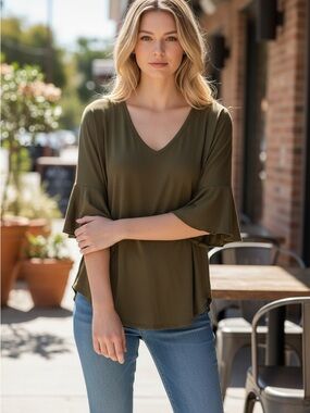Chaser Olive V-Neck Flutter Sleeve Tee